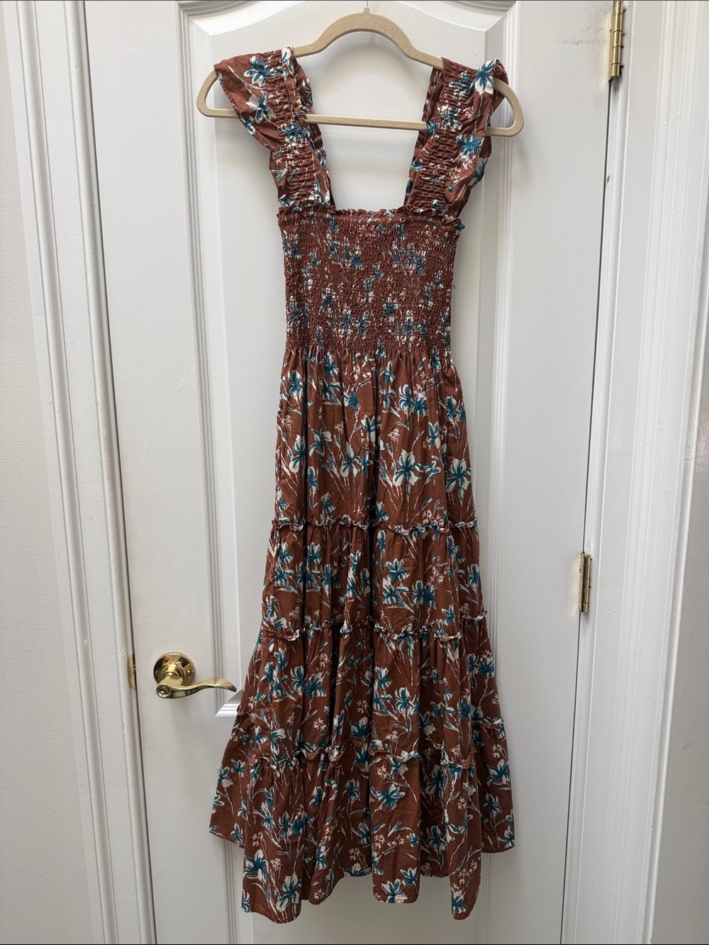 Georgie South Moon Under Calypso Smocked  Brown Floral Tiered Maxi Dress XS